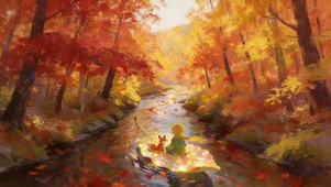 秋天森林中划船