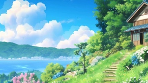 护眼白云树木河流带鱼屏