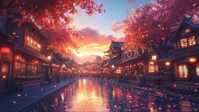 春日傍晚古城河道风景