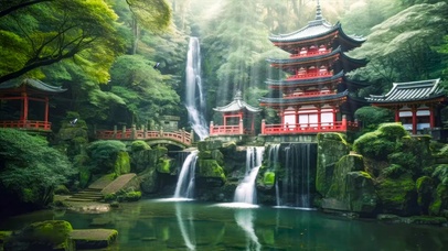 国风山水瀑布塔楼