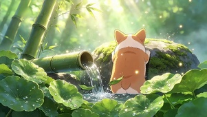 竹林流水纳凉的呆萌柯基
