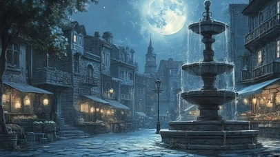 月亮小镇夜晚广场喷泉
