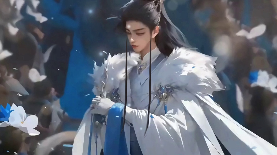 古风长发男子身着白蓝长袍，身周漂浮飘落的白花瓣与细碎光影。
