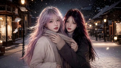 冬夜飘雪街头相拥美少女