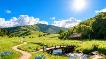 护眼蓝天白云树木河流双屏