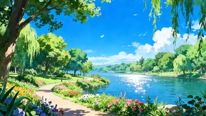 白云树木河流