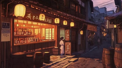 傍晚小镇古城街道酒馆