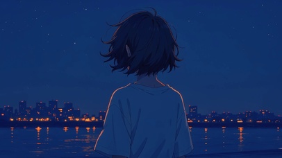 夜晚海边少女