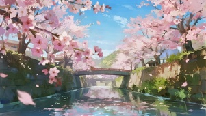 河流之上盛放的樱花