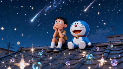 大雄和哆啦A梦一起看星星