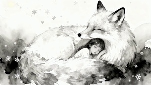 黑白雪景插画灵狐和小女孩