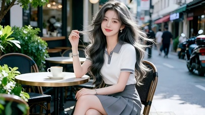 街角咖啡店喝咖啡的甜美笑容美女
