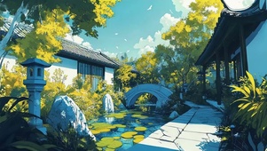 清新夏日蓝调园林庭院