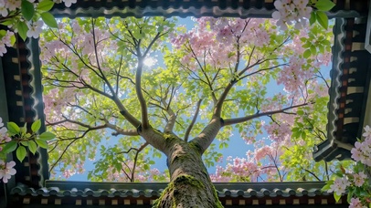 天井仰观粉樱晴空美景