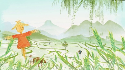 稻草人水田柳树远山风景