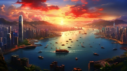 美丽都市海岸夕阳