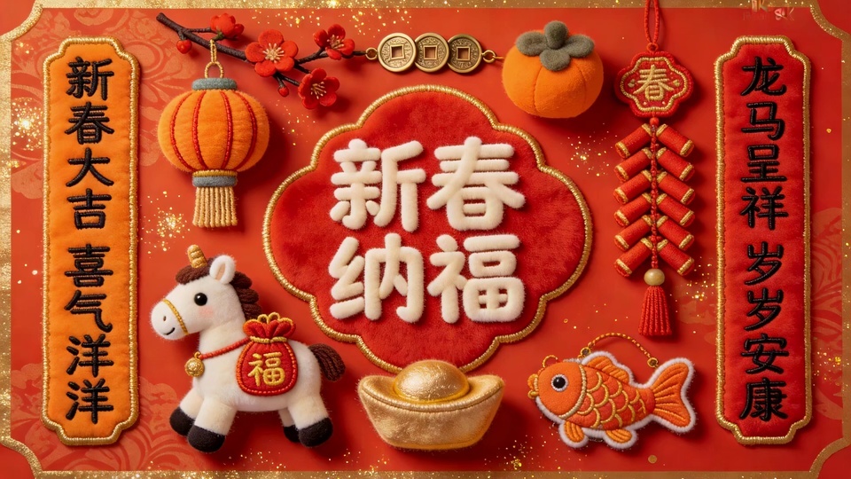 红底毛绒刺绣新春装饰场景，中央为新春纳福字样牌