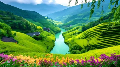 绿色护眼山水花草