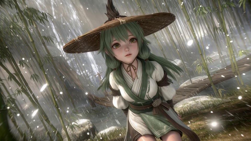 头戴斗笠的绿发少女瑶瑶站在细雨竹林步道上，背景是山间瀑布与朦胧雨雾。