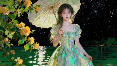 湖边夜色下执伞少女天空烟花