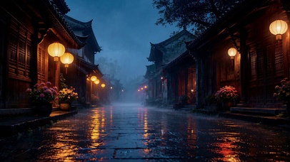 下雨中的古镇