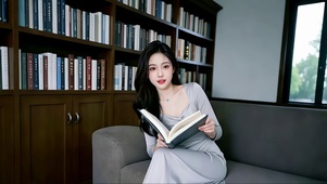 在书房看书的优雅美女