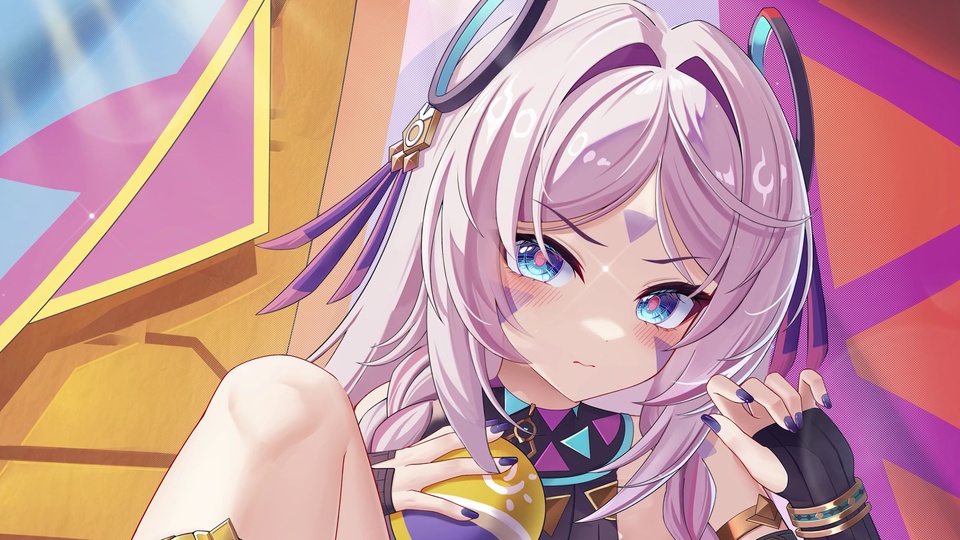 粉紫长发二次元少女近景，蓝紫眼眸，深紫美甲，暖紫橙几何背景。
