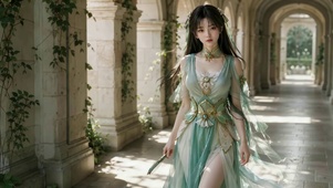 古风绿衣少女漫步石拱长廊