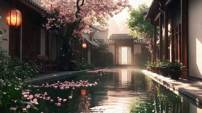 庭院唯美春日池塘倒影