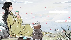 古风美女梅花树下喝茶品茗