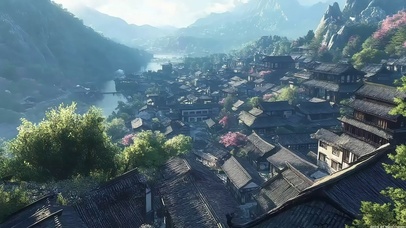 远眺溪流山谷古镇村庄