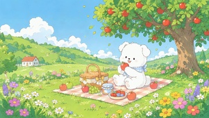 苹果树下野餐可爱小白熊