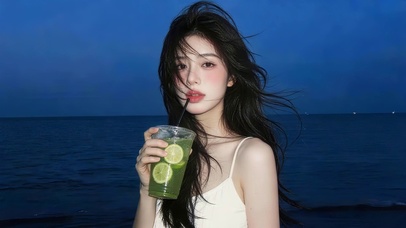 夜晚海边女孩