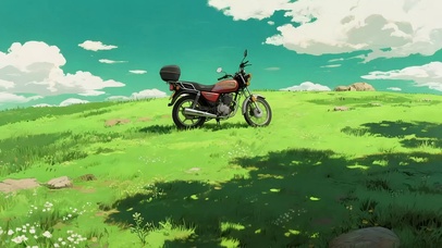阳光清新绿色草原摩托