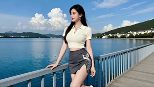 蔚蓝天空下碧水湖边的美女