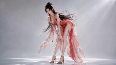 光影下的红裙古风美女
