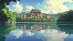 唯美湖畔古城宏伟建筑