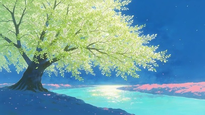 河流边绿色大树