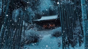 冬日竹林傍晚飘雪古建