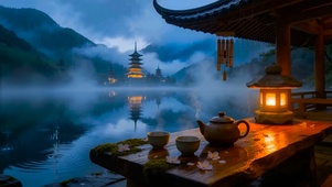国风山水雨天湖面