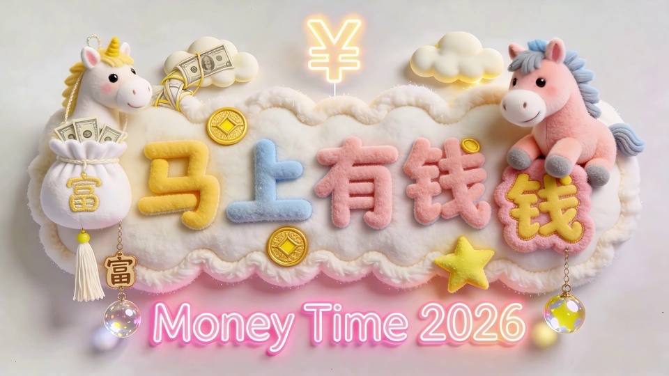 浅淡纯色背景上，米白色毛绒云朵底板配两个软萌Q版卡通小马玩偶，前方立着毛绒质感的“马上有钱”字样，整体为奶白、浅粉、鹅黄、浅蓝与金色搭配的3D可爱招财风格。