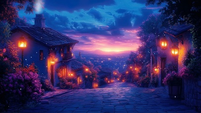 紫夜晚霞静谧欧式小镇