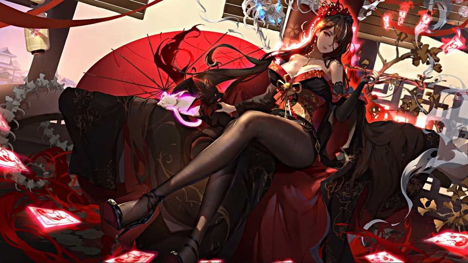 黑红古风露肩长发女性倚靠红伞，手抚发光白兽