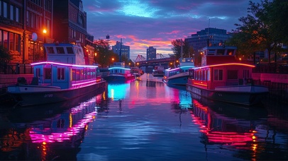 静谧霓虹都市河畔码头