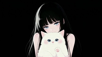 黑发蓝眼少女抱可爱白猫