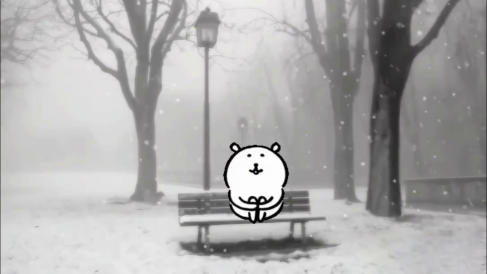 黑白灰调飘雪冬日公园场景，简笔白色圆脸小熊坐在覆雪的公园长椅上，背景是光秃落叶树与复古路灯，远景被雾气笼罩。