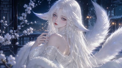 月夜银发狐耳古风美少女
