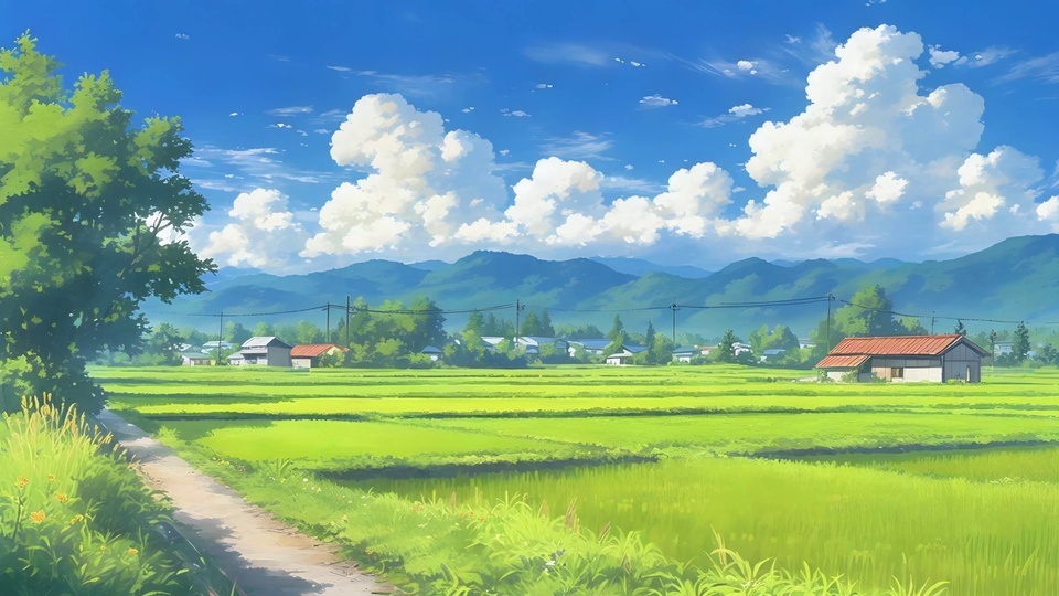 日系风格夏日乡野稻田风景画，蓝天飘着大朵蓬松白云，层叠青山，嫩绿稻田，土路旁生着大树与青草，田间散落红顶低矮农舍。