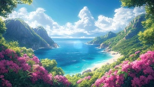 蓝天阳光鲜花海岛海湾