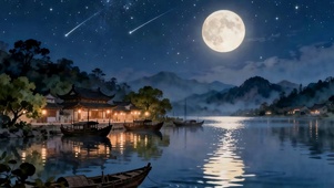 夜景树木河流
